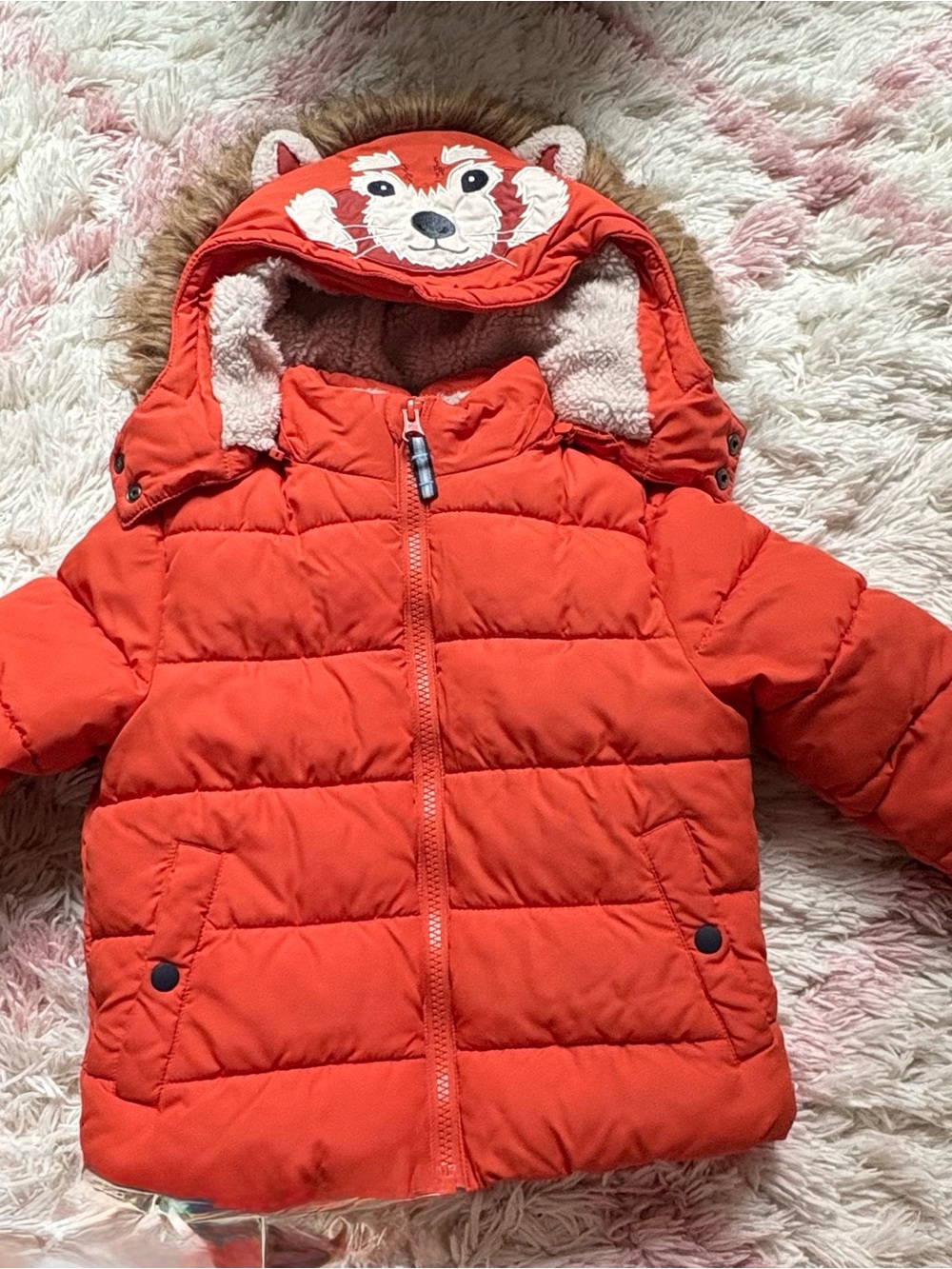 Mini Boden Bright Orange Kids Puffer Jacket with Fox Hood